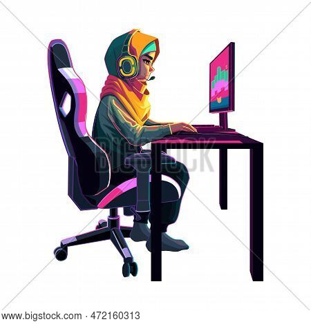 Girl Gamer Or Streamer With A Headset Sits In Front Of A Computer