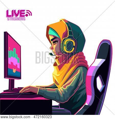Girl Gamer Or Streamer With A Headset Sits In Front Of A Computer