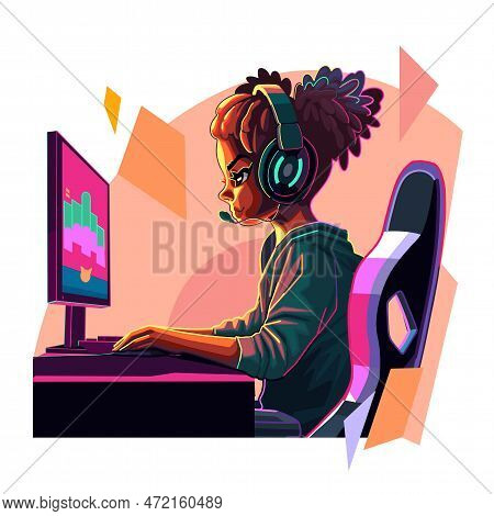 African Girl Gamer Or Streamer With A Headset Sits In Front Of A Computer