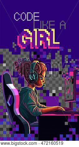 African Girl Programmer With A Headset Sits In Front Of A Computer