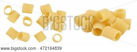 Raw Italian Pasta Isolated On White Background . Mezze Maniche Rigate Bronze Die. Top View. Flat Lay