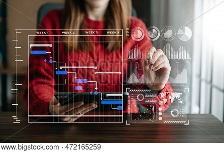 Businesswoman Hand Project Manager Working And Update Tasks And Gantt Chart Scheduling Virtual Diagr
