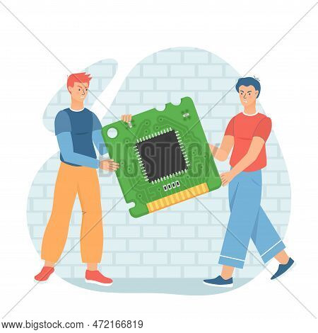 Men Pulling Compete For The Microcircuit. Global Microprocessors Shortage And High Demand. Microproc