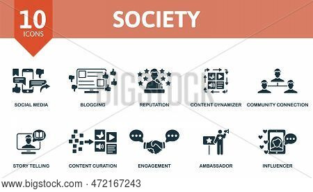 Society Set. Creative Icons: Social Media, Blogging, Reputation, Content Dymanizer, Community Connec