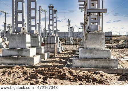 Monolithic Reinforced Concrete Foundation Or Grillage For The Construction Of A Modern Power Plant. 
