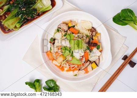 Stir Fried Noodles Vegetarian Food  Meatless On A White Background