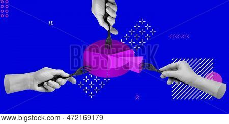Limited Resources, Profit Distribution, Resource Sharing Concept. Three Hands With Forks And One Pie