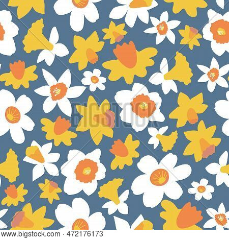 White And Yellow Daffodil Spring Flower Pattern On Blue Background Created In Adobe Illustrator