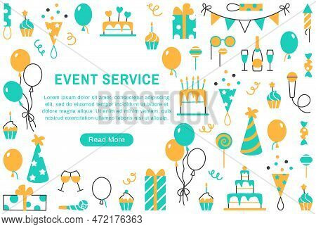 Event Service Flat Line Background Or Web Page Template With Button And Text Space. Concept With Bal