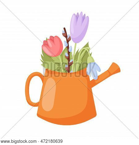 Easter Spring Flowers. Tulips With Leaves In Watering Can.