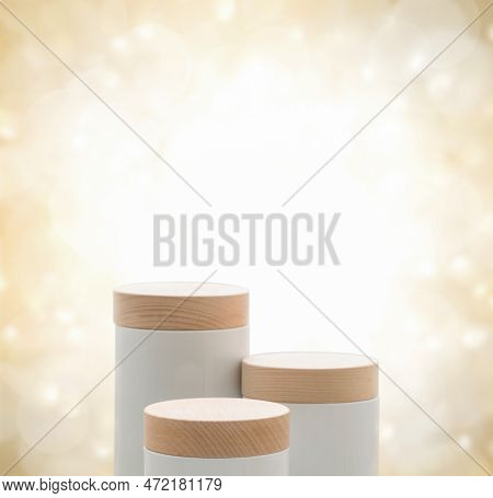 Minimal Podium Table Top Floor Golden Glowlight Glitter Blurred Background.luxury Beauty Cosmetic Pr