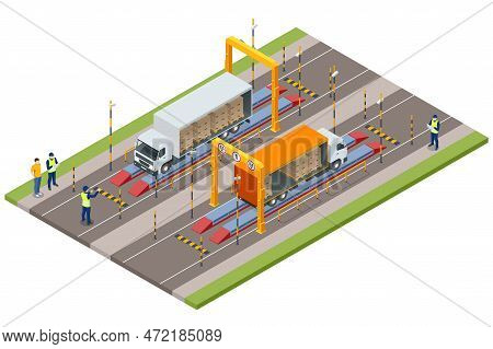 Isometric Container Car On The Weighing Scale Cargo Transport, Truck Trailer With Container. Loaded 