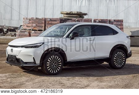Lviv Ukraine - 03 04 2023: Electric New White Car Honda E-hc1, Sale Of Eco Electric Vehicles, Select