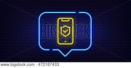 Neon Light Speech Bubble. Phone Protection Line Icon. Cyber Defence Sign. Security Shield Symbol. Ne