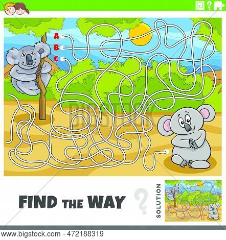 Cartoon Illustration Of Find The Way Maze Puzzle Game With Koala Bears Animal Character