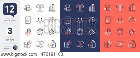 Set Of Love Gift, Like And Work Home Line Icons. Include Gift Box, Delivery Location, Puzzle Icons. 