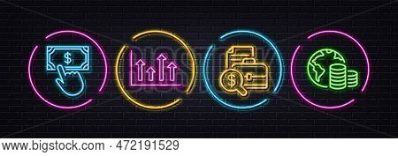 Upper Arrows, Payment Click And Accounting Report Minimal Line Icons. Neon Laser 3d Lights. Budget I