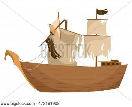 Broken Ship Icon. Cartoon Wooden Battered Ship With Tattered Flag And Sails After Wreck Or Attack. D