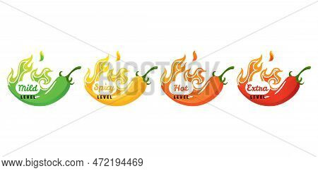 Level. Hot Chili Pepper Icons Set With Flame And Color Rating Of Mild, Medium Hot And Extra Hot. Lev