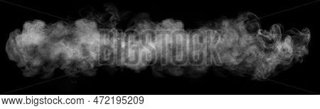 Panorama Of Steam, Smoke, Gas Isolated On A Black Background. Swirling, Writhing Smoke To Overlay On