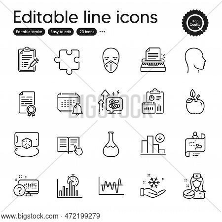 Set Of Science Outline Icons. Contains Icons As Online Quiz, Chemistry Lab And Report Elements. Vacc