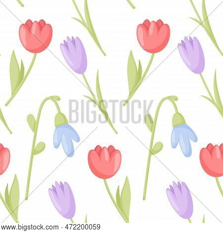 Spring Flower Pattern. Flower Vector Seamless Pattern. Pattern With Tulips And Lilies Of The Valley.