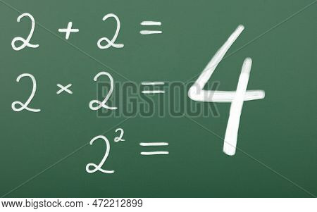 Simple Mathematical Equation. Two Plus Two, Two Times Two, Two Squared Equals Four. Chalk Drawing On