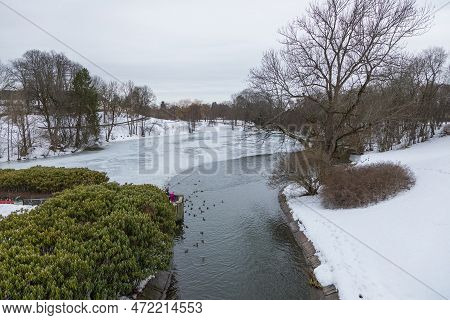 Frogner Park Pond During Winter, Public Park In Capital City. Oslo, Norway.