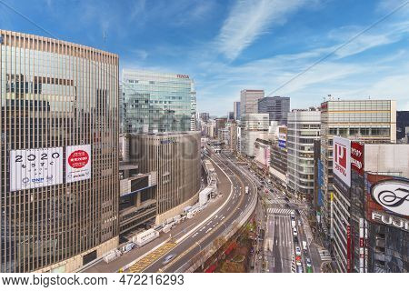 Tokyo, Japan - March 25 2023: High Angle View Of The Tokyo Highway In The Ginza Nichome District Of 