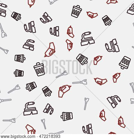 Set Line Trash Can, Brush For Cleaning, Handle Broom And Portable Vacuum Cleaner On Seamless Pattern