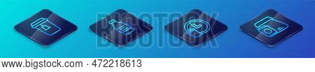 Set Isometric Line Round The Clock Delivery, Cup Of Tea, Online Ordering Food And Bottle Water Icon.