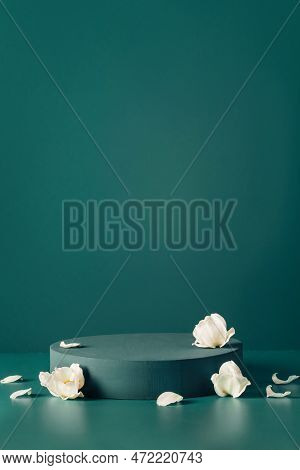 Podium, Stand, Showcase And Brigth Purple Flowers On Dark Teal Background