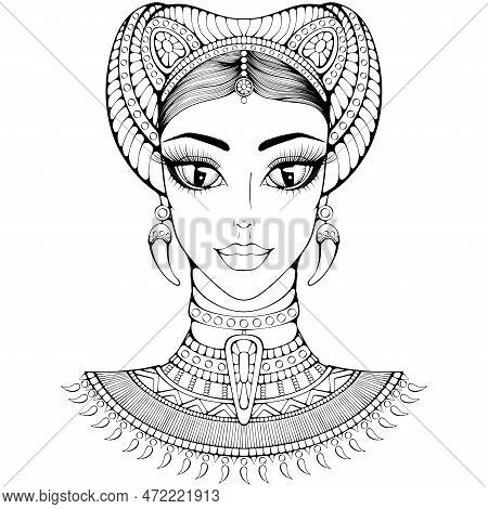 Girl With Cat Ears Cartoon Character. Animation Portrait Of A Stylized Huntress. Vector Illustration