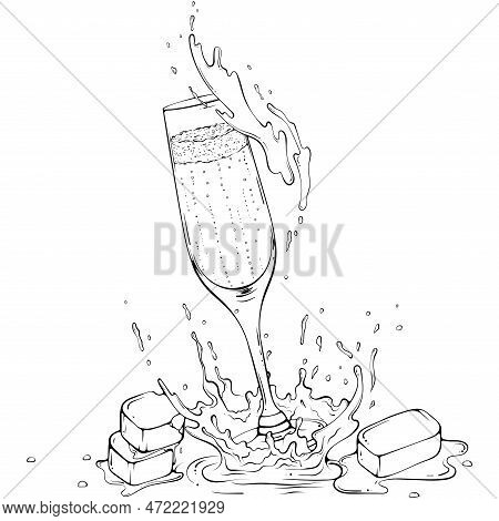 Flute Of Champagne With Ice And Water Splash. A Glass Of Sparkling Wine In Line Art Style. Vector Il