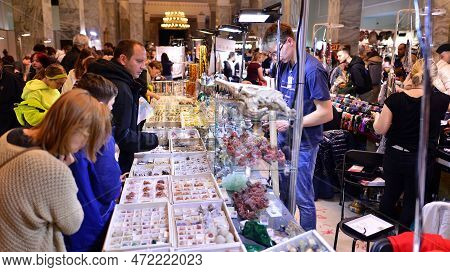 Warsaw, Poland. 5 March 2023. Warsaw Mineral Expo 2023. Colored Stones Of Different Sizes Lying On A