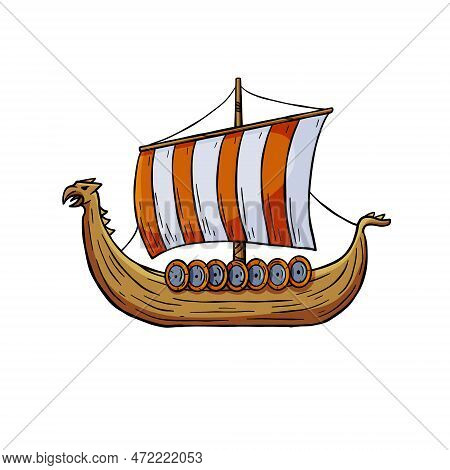 Viking Boat. Nordic Drakkar, Swedish Warship. Longship With Oars. Cartoon Scandinavian Sailboat