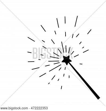 Magic Wand With Star. Wizard Shiny Tool. Miracle Symbols And Wizard Stick. Fairytale Rod With Sparkl