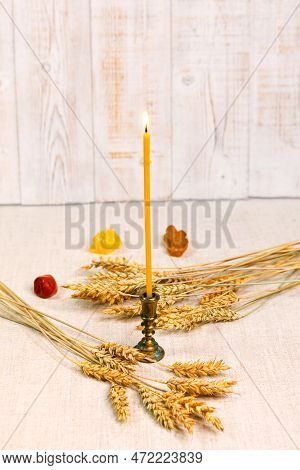 Thin Church Burning Wax Candle. Wheat Ears And Semiprecious Stones, Autumn Ritual. Wicca, Pagan Beli