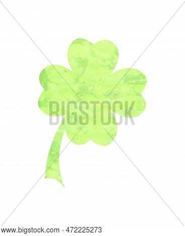 Fourleaf Shamrock Symbol In Light Green Isolated Over White. Hand Drawn Watercolor Illustration For 