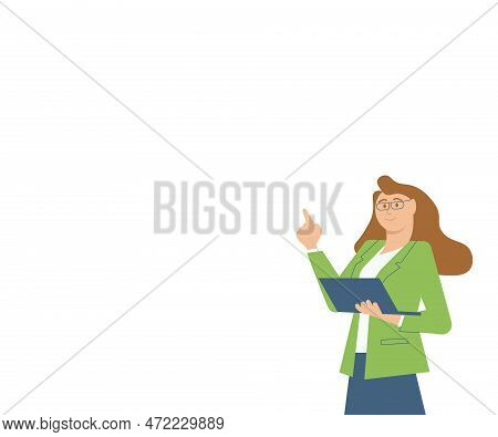 Illustration Of A Businesswoman Standing Holding Her Laptop Presenting New Amazing Ideas. Lady In Fo