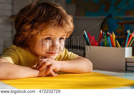 Cute Face Of Pupil, Close Up. Elementary School Classroom. Child Home Studying And Home Education. S