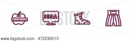 Set Line Apple And Measuring Tape, Sport Boxing Shoes, Fight Club Mma And Boxing Short Icon. Vector