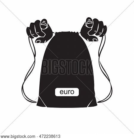 Hands Tighten The Ties At The Bag With Euro. Vector Illustration.