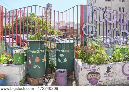 Buenos Aires, Argentina, Nov 4, 2022: Compost Bins From An Urban Vegetable Garden Of The Uba Nutriti