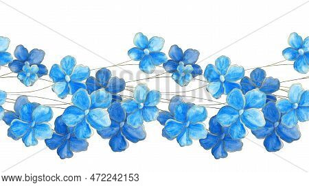 Vintage Watercolor Horizontal Seamless Floral Border. Hand Drawn Abstract Blue Flowers With Golden C