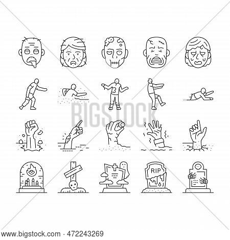 Zombie Horror Scary Dead Evil Icons Set Vector. Monster Creepy, Hand Death, Undead Nightmare, Man Fe