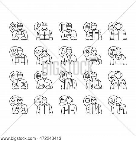 Engineer Technology Work Man Icons Set Vector. Engineering Worker, Mechanical Industry, Gear Constru