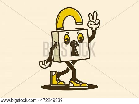 Mascot Character Design Of Walking Padlock In Vintage Color