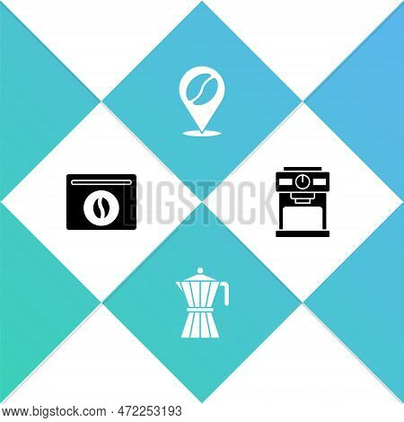 Set Bag Of Coffee Beans, Coffee Moca Pot, Location With And Machine Icon. Vector