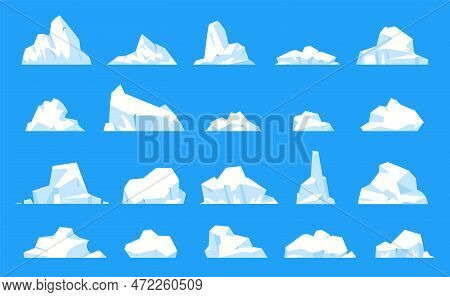 Iceberg Collection. Floating Ice Mountain, Cartoon Glacier In Arctic Ocean Water Or North Sea, Froze